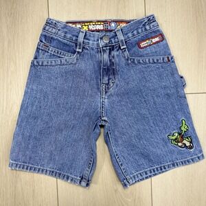 VTG Y2K JNCO USA Made Kids Denim Shorts‎ Size 5 Blue Cartoon Embroidered Skater